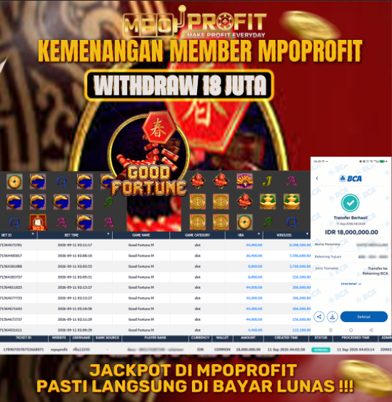 MPOPROFIT JACKPOT CQ9! KEMENANGAN MURNI DI (GOOD FORTUNE TOTAL 18.000.000,- LUNAS)